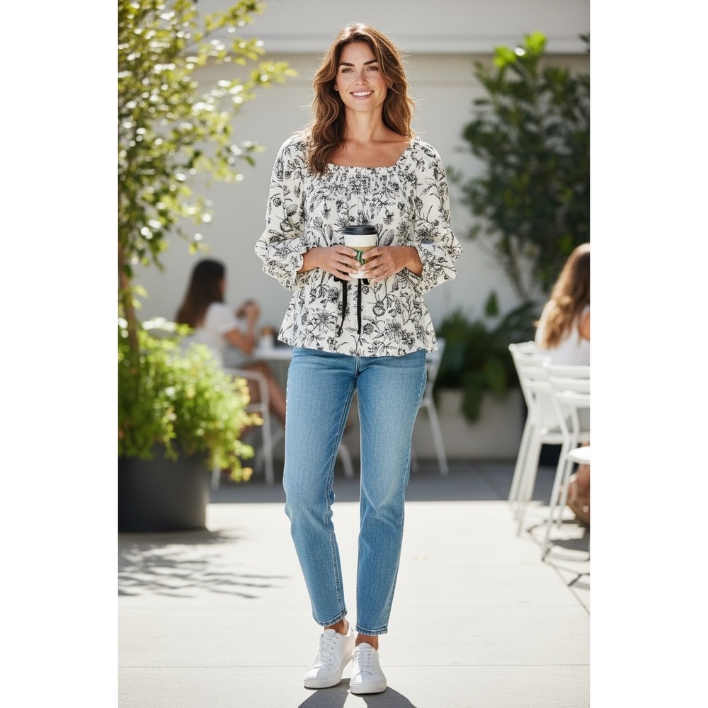 JODIFL Womens Square Neck‎ Smocked Floral Print Long Sleeve Blouse Boho